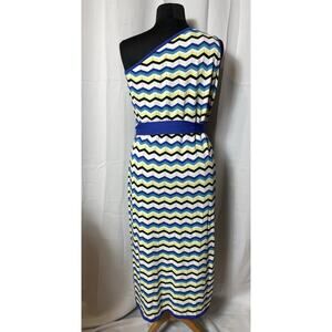 MING WANG MAXI DRESS KNIT ONE SHOULDER CHEVRON STRIPE MULTICOLR SIZE XL